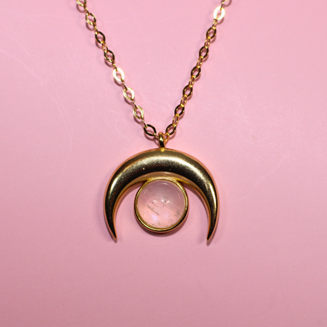 Gold Moon Goddess Crescent Moonstone Necklace, 18 K Gold Plated