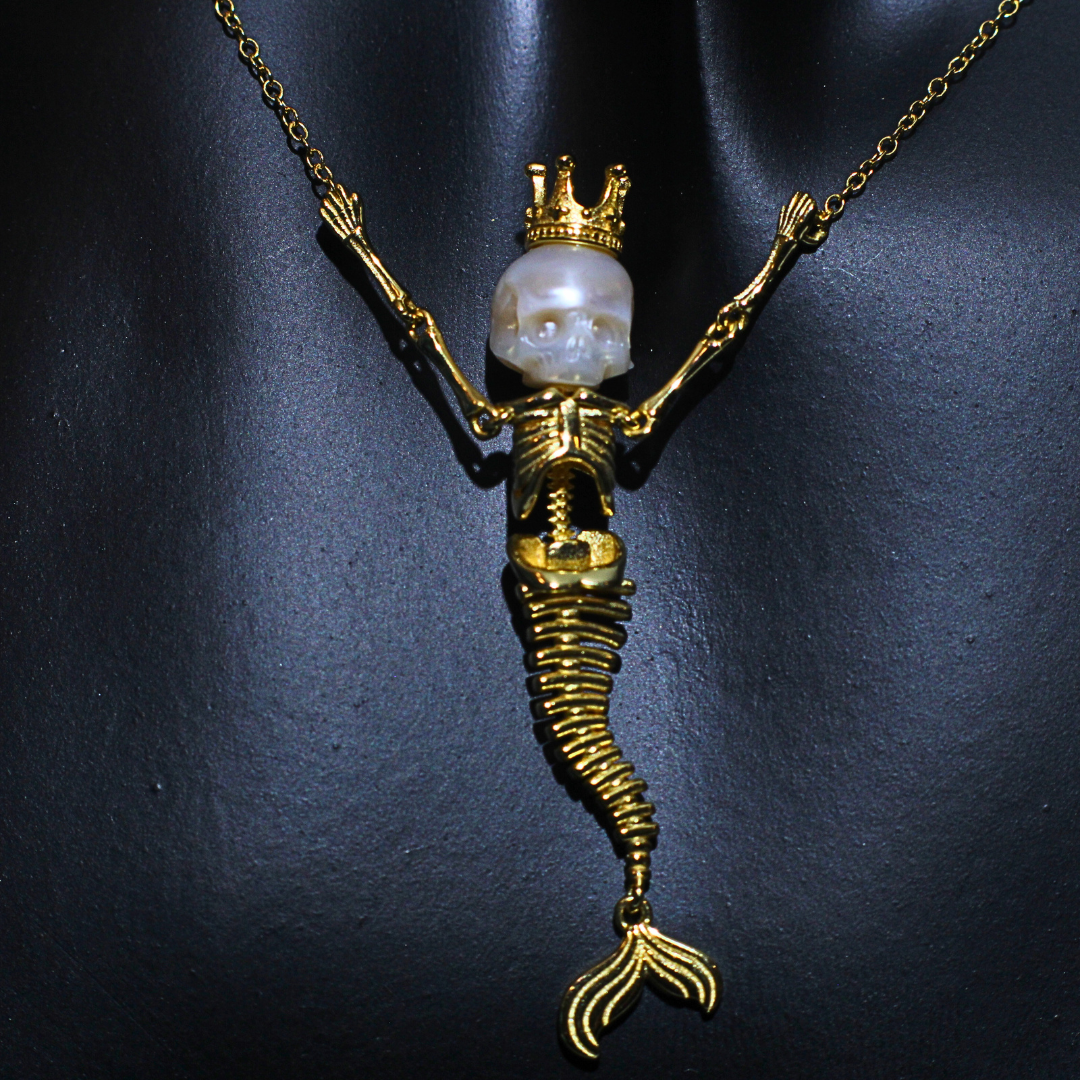 Mystic Mermaid Gold Pearl Siren Queen Necklace with Fresh Water Hand Carved Pearl