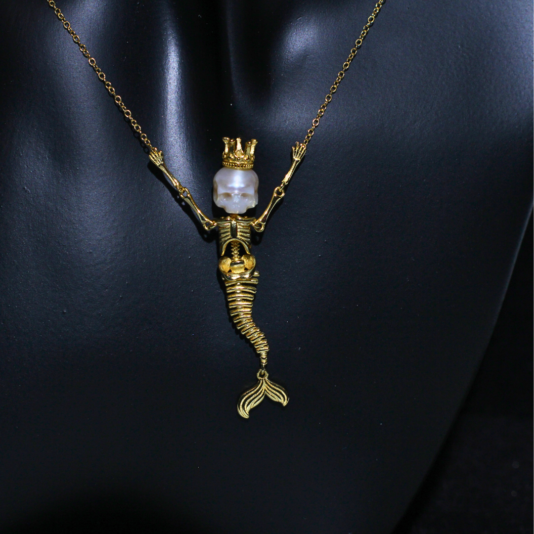 Mystic Mermaid Gold Pearl Siren Queen Necklace with Fresh Water Hand Carved Pearl
