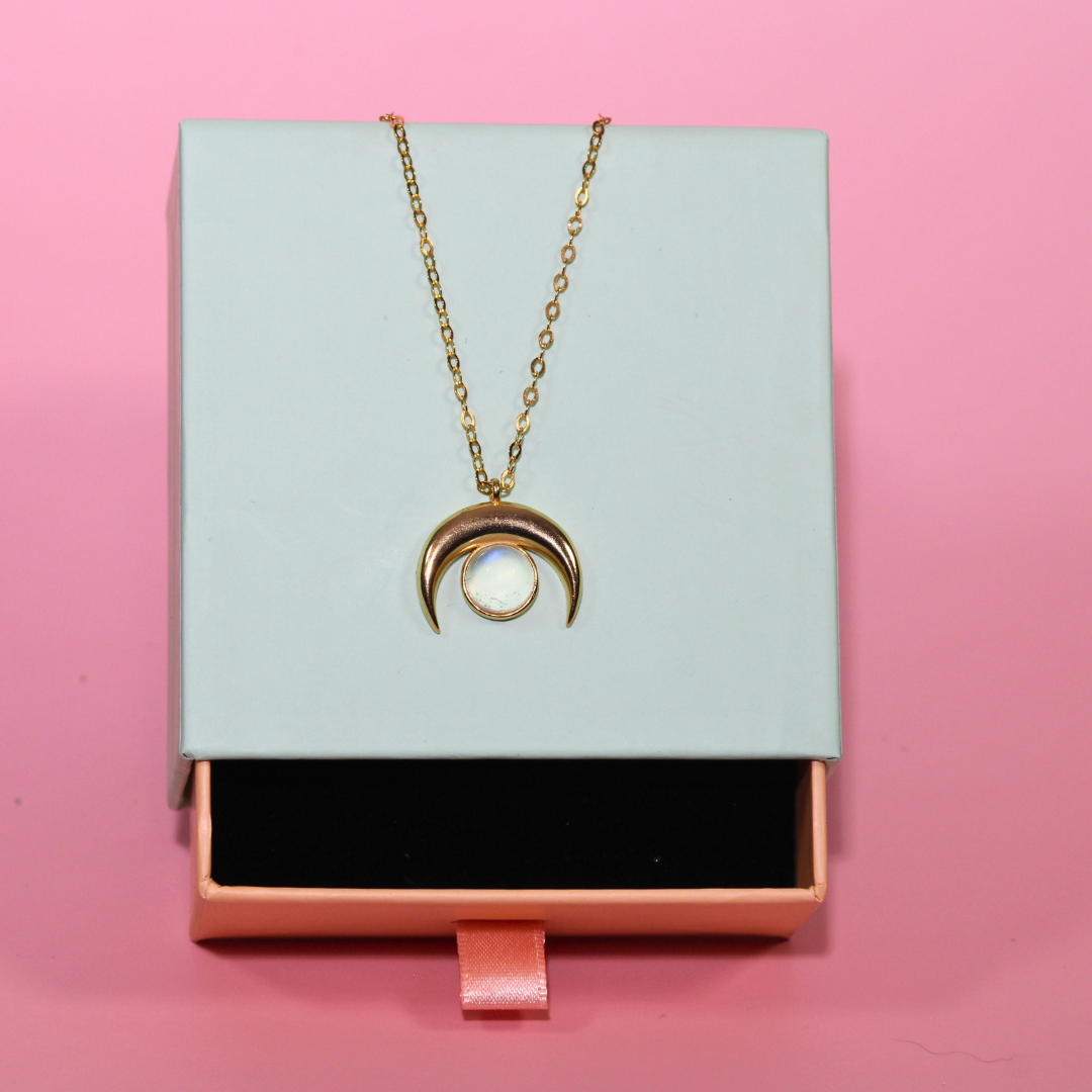 Gold Moon Goddess Crescent Moonstone Necklace, 18 K Gold Plated