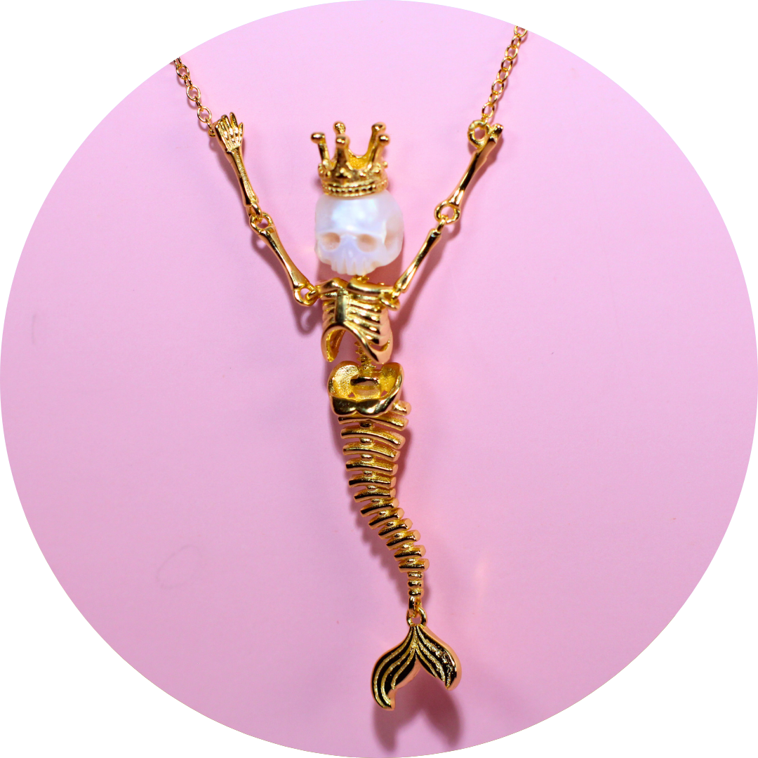 Mystic Mermaid Gold Pearl Siren Queen Necklace with Fresh Water Hand Carved Pearl
