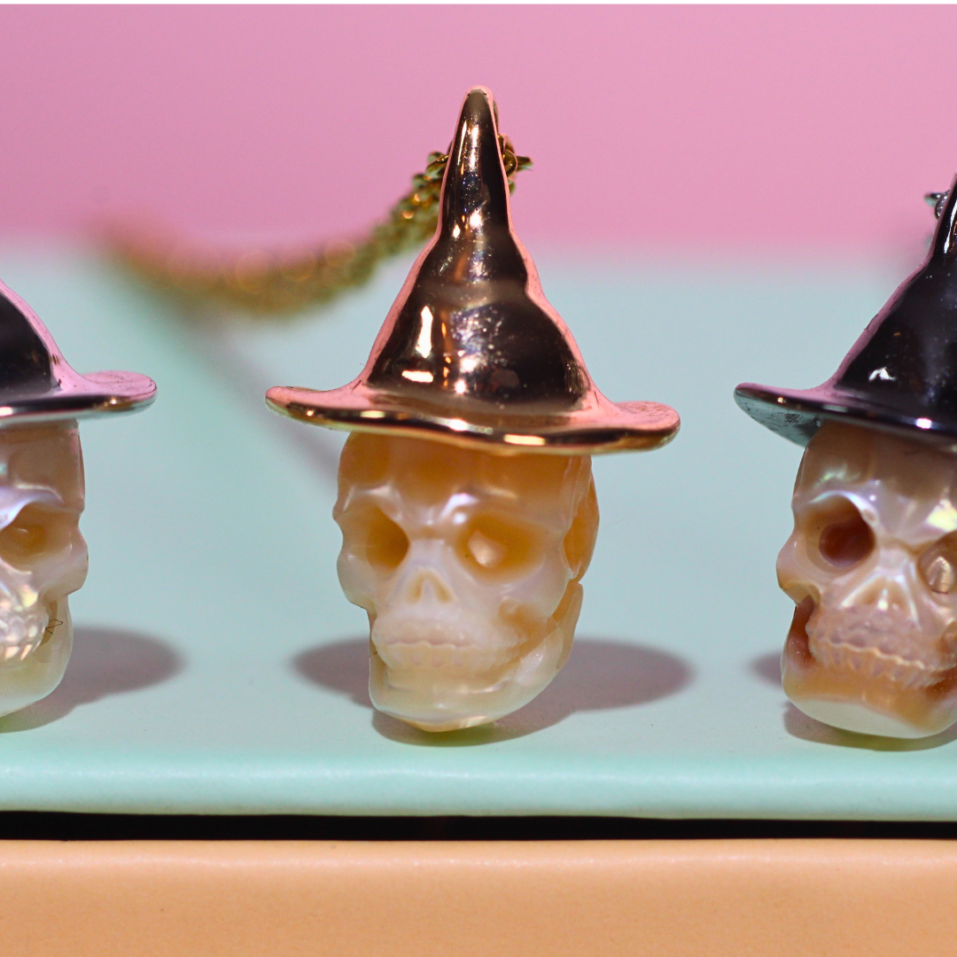 Mystic Skull Pearl in Witches Hat Necklace with  Fresh Water Handcrafted Pearl