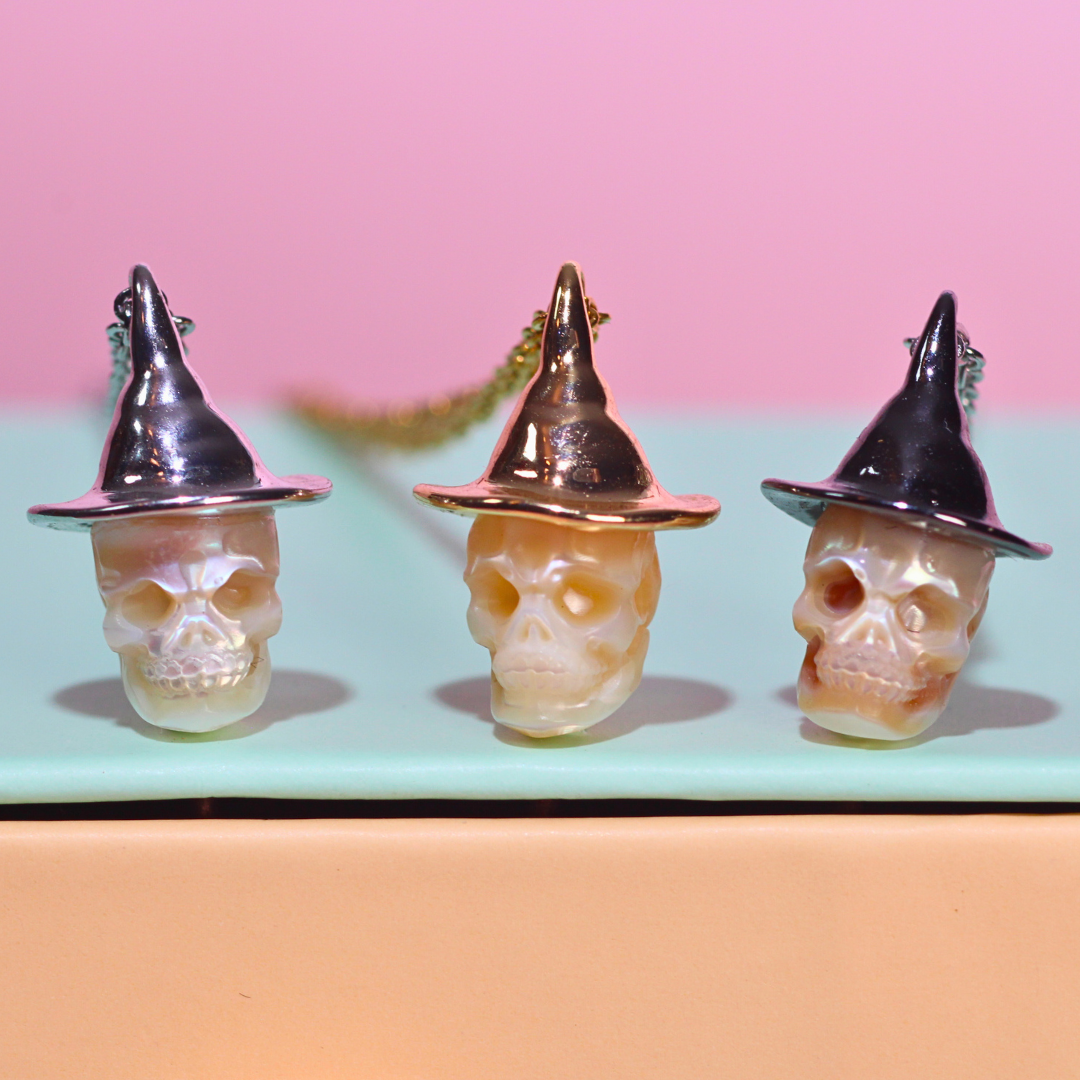 Mystic Skull Pearl in Witches Hat Necklace with  Fresh Water Handcrafted Pearl