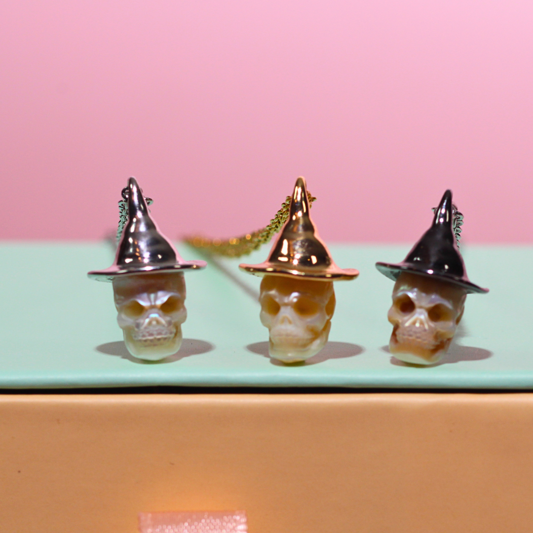 Mystic Skull Pearl in Witches Hat Necklace with  Fresh Water Handcrafted Pearl